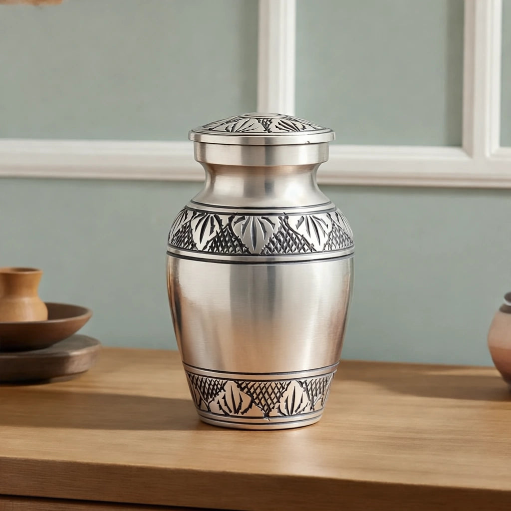 Classic Metal Keepsake Urn for Ashes in Brushed Silver