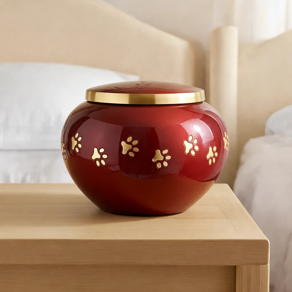 Classic Pawprints Pet Urn for Ashes in Burgundy & Silver - Large