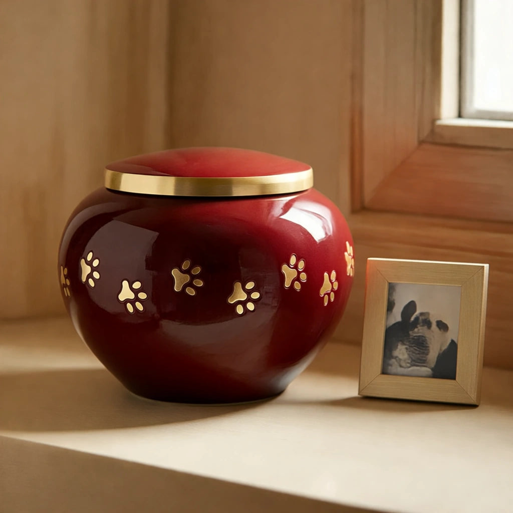 Classic Pawprints Pet Urn for Ashes in Burgundy & Silver - Large
