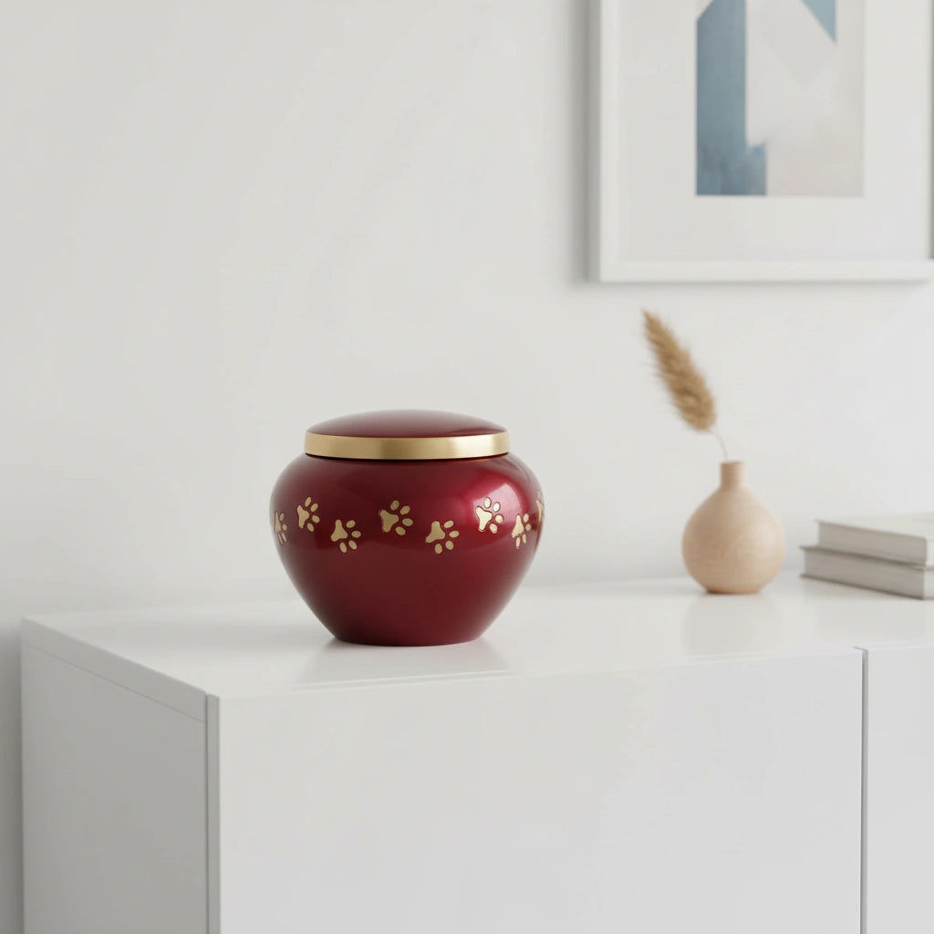 Classic Pawprints Pet Urn for Ashes in Burgundy & Silver - Medium