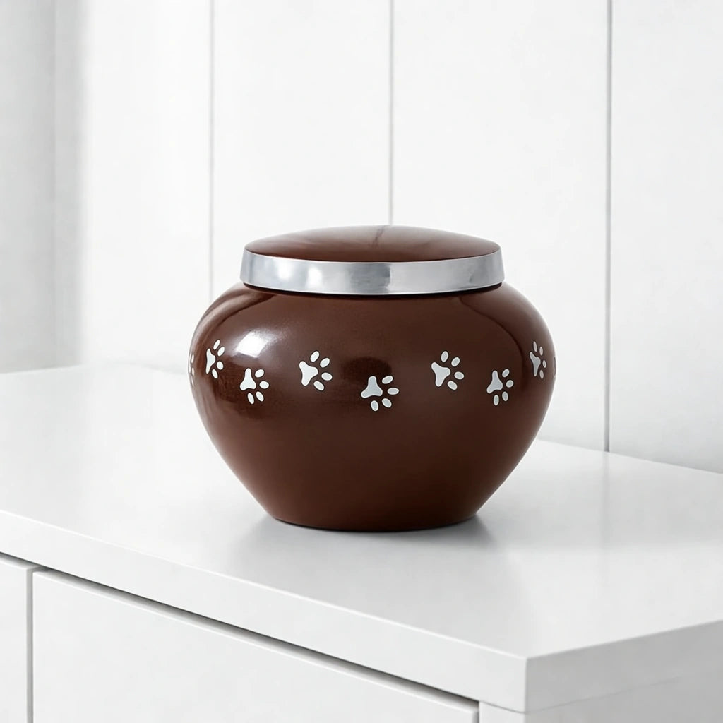 Classic Pawprints Pet Urn for Ashes in Dark Brown & Silver - Medium