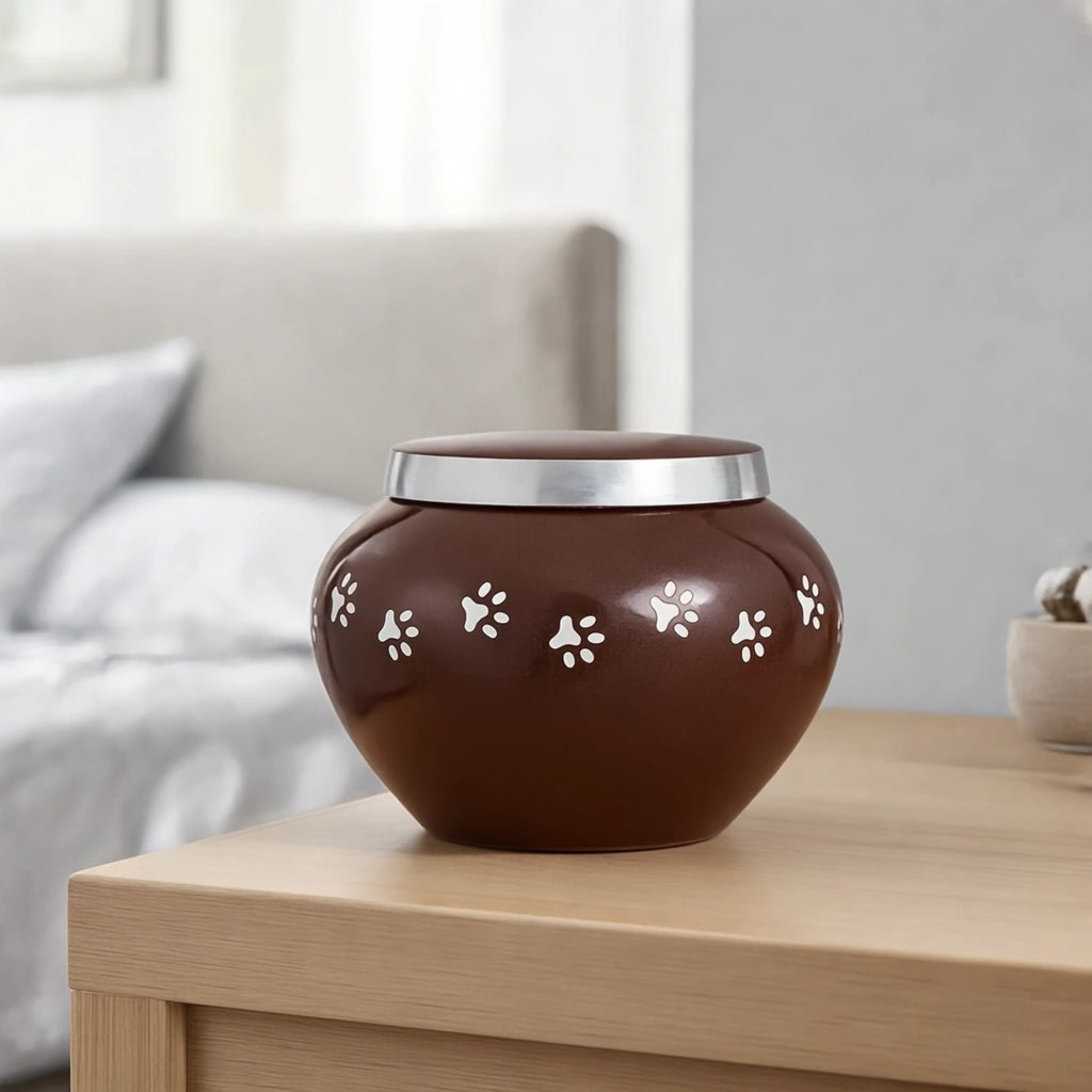 Classic Pawprints Pet Urn for Ashes in Dark Brown & Silver - Medium