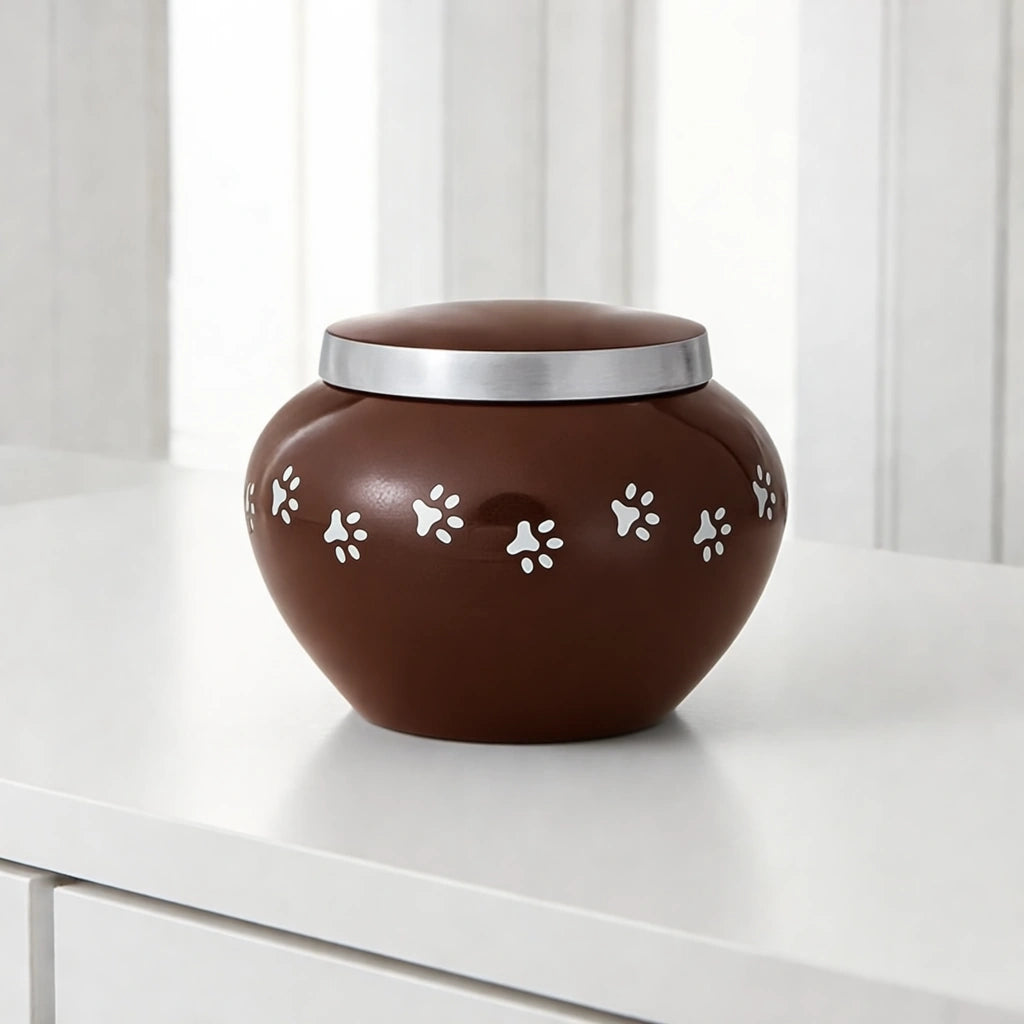 Classic Pawprints Pet Urn for Ashes in Dark Brown & Silver - Medium