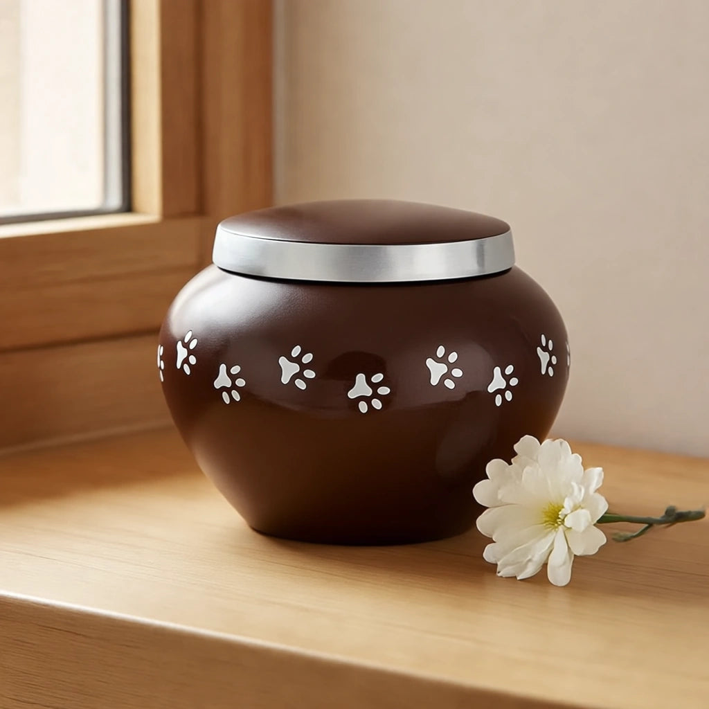 Classic Pawprints Pet Urn for Ashes in Dark Brown & Silver - Medium