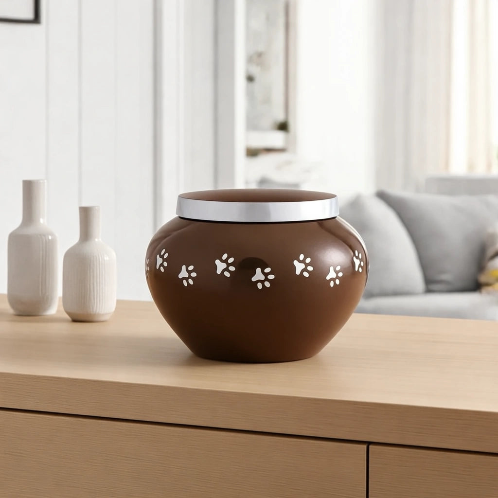 Classic Pawprints Pet Urn for Ashes in Dark Brown & Silver - Small