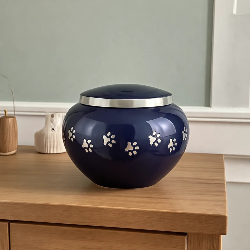 Classic Pawprints Pet Urn for Ashes in Midnight Blue & Silver - Large