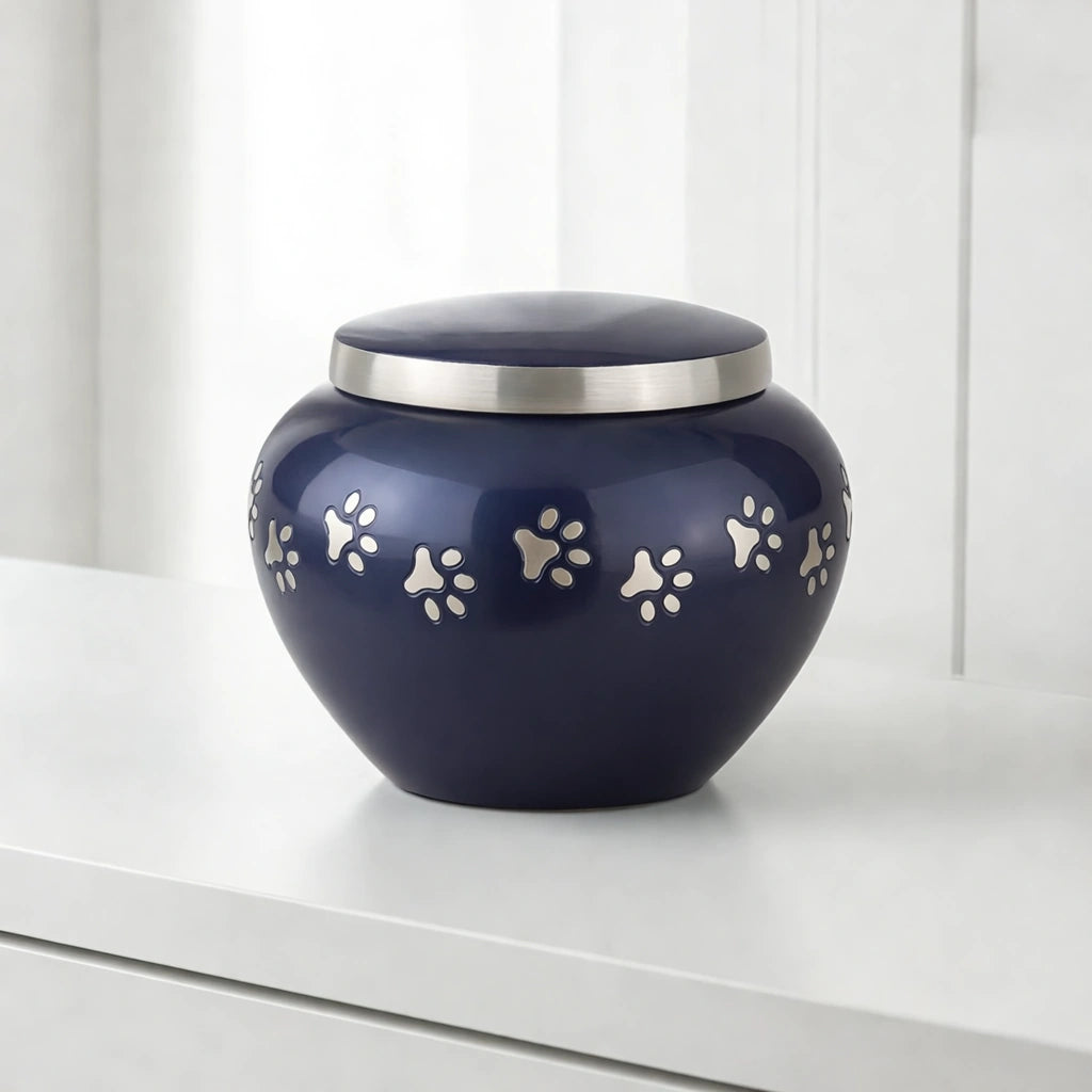 Classic Pawprints Pet Urn for Ashes in Midnight Blue & Silver - Medium