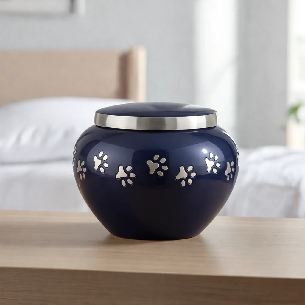 Classic Pawprints Pet Urn for Ashes in Midnight Blue & Silver - Medium
