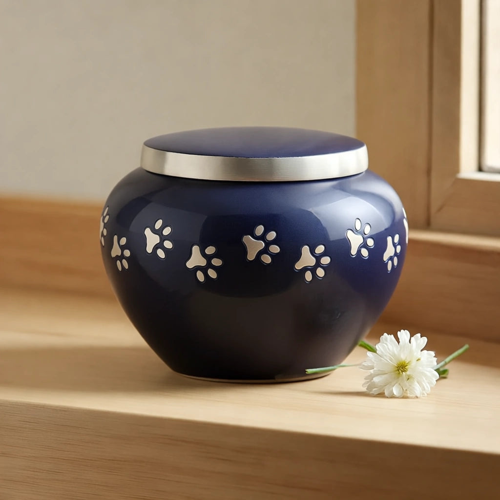 Classic Pawprints Pet Urn for Ashes in Midnight Blue & Silver - Medium