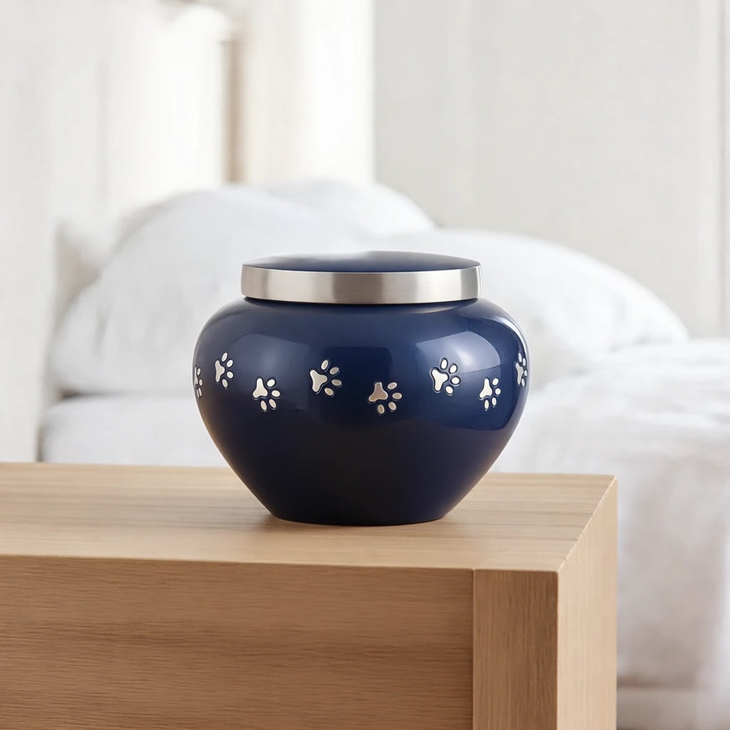 Classic Pawprints Pet Urn for Ashes in Midnight Blue & Silver - Small