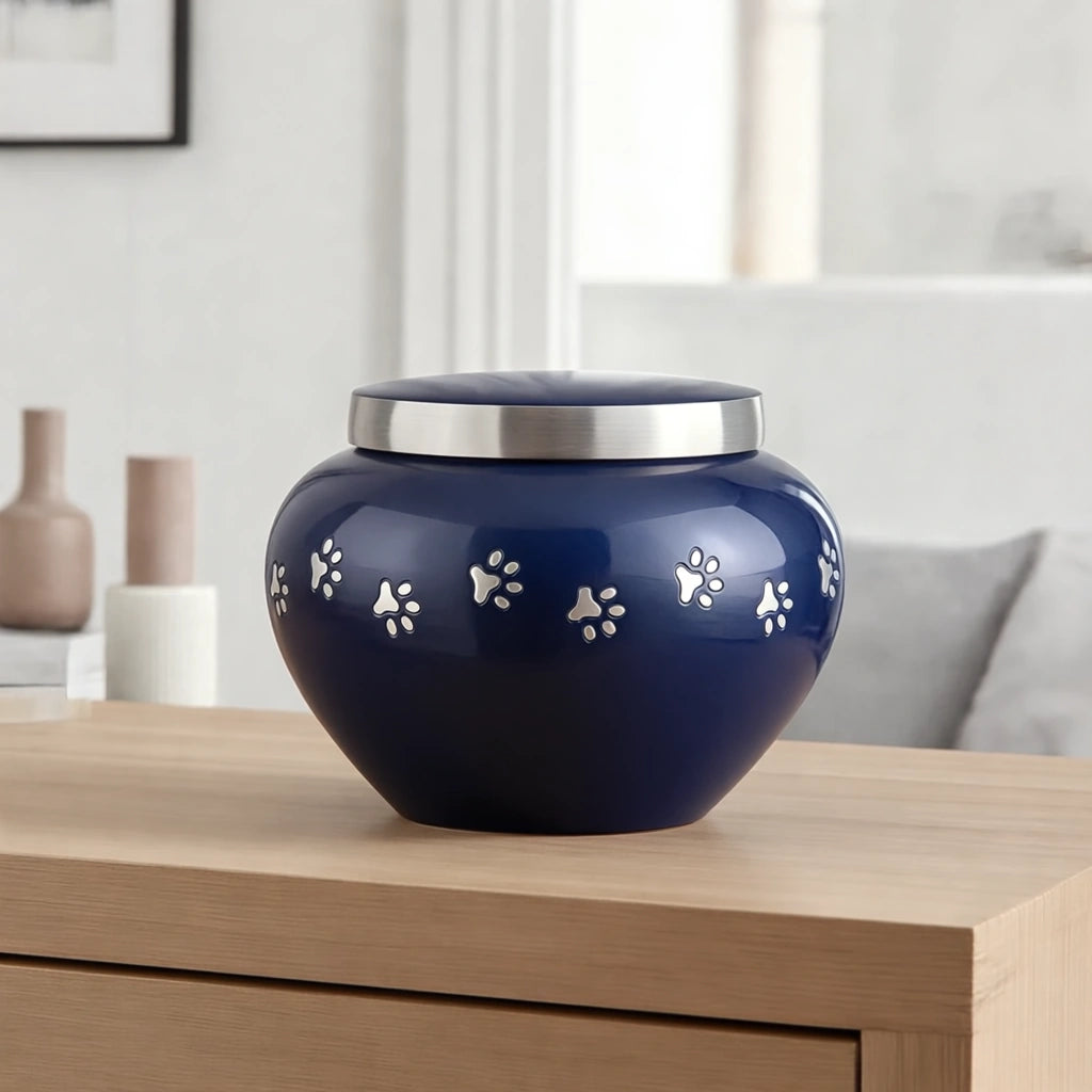 Classic Pawprints Pet Urn for Ashes in Midnight Blue & Silver - Small