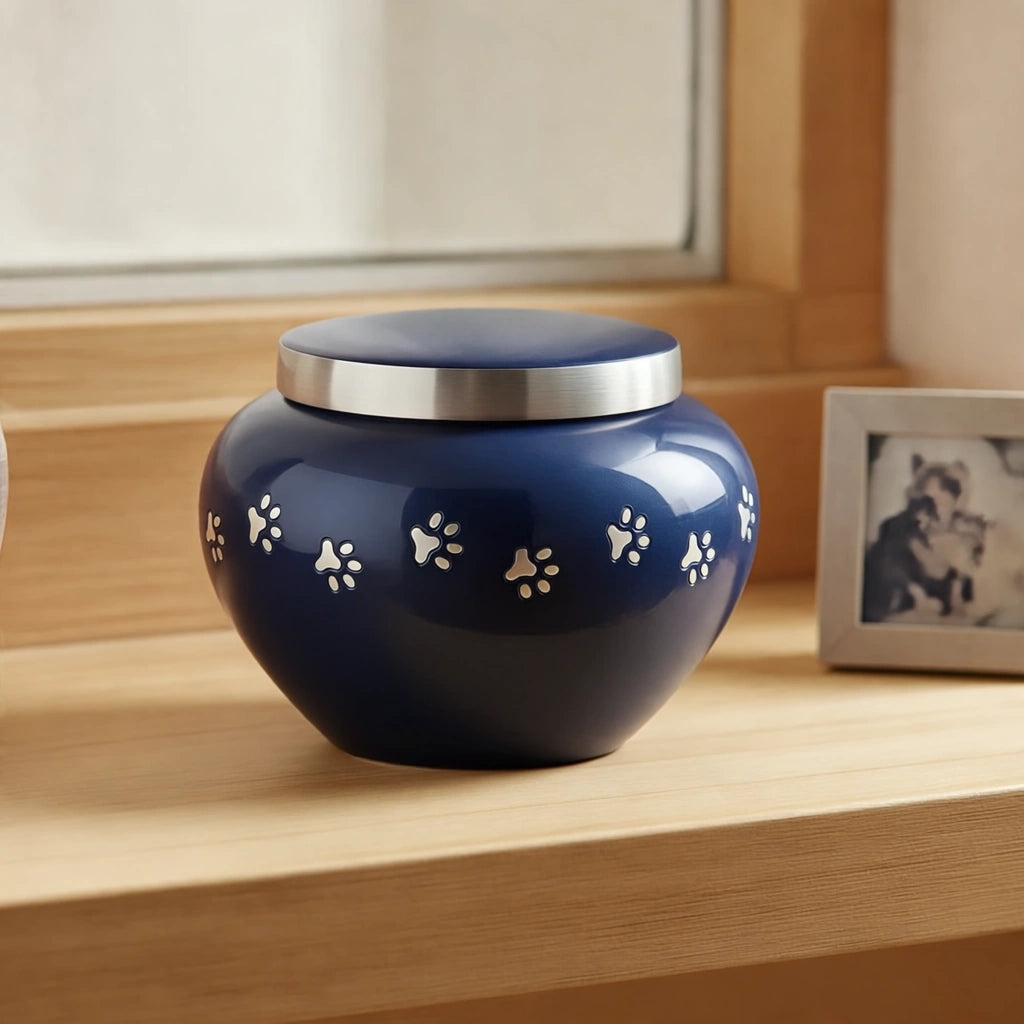Classic Pawprints Pet Urn for Ashes in Midnight Blue & Silver - Small