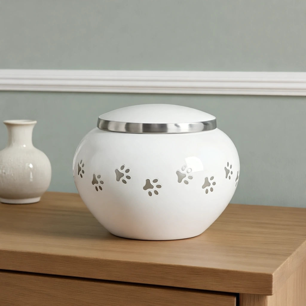 Classic Pawprints Pet Urn for Ashes in White & Silver - Large