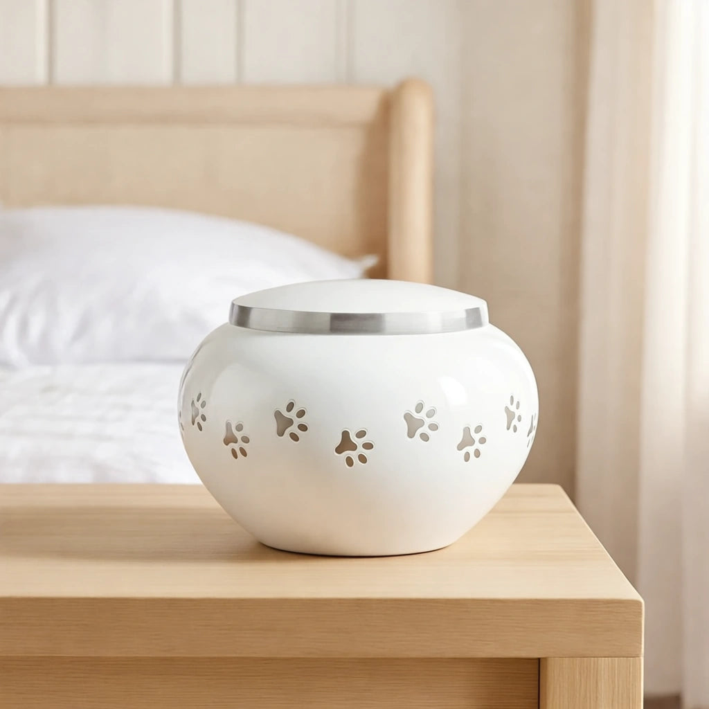 Classic Pawprints Pet Urn for Ashes in White & Silver - Large