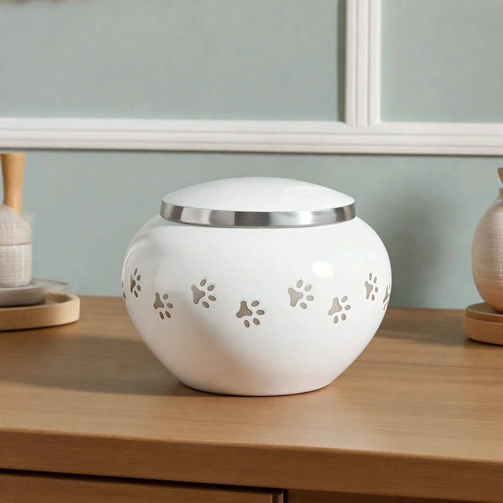 Classic Pawprints Pet Urn for Ashes in White & Silver - Large