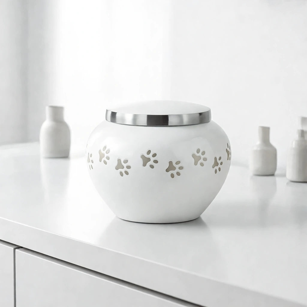 Classic Pawprints Pet Urn for Ashes in White & Silver - Medium
