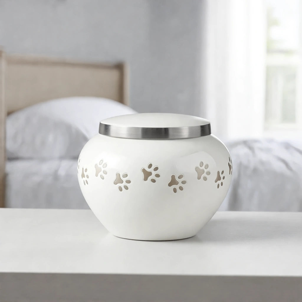 Classic Pawprints Pet Urn for Ashes in White & Silver - Medium