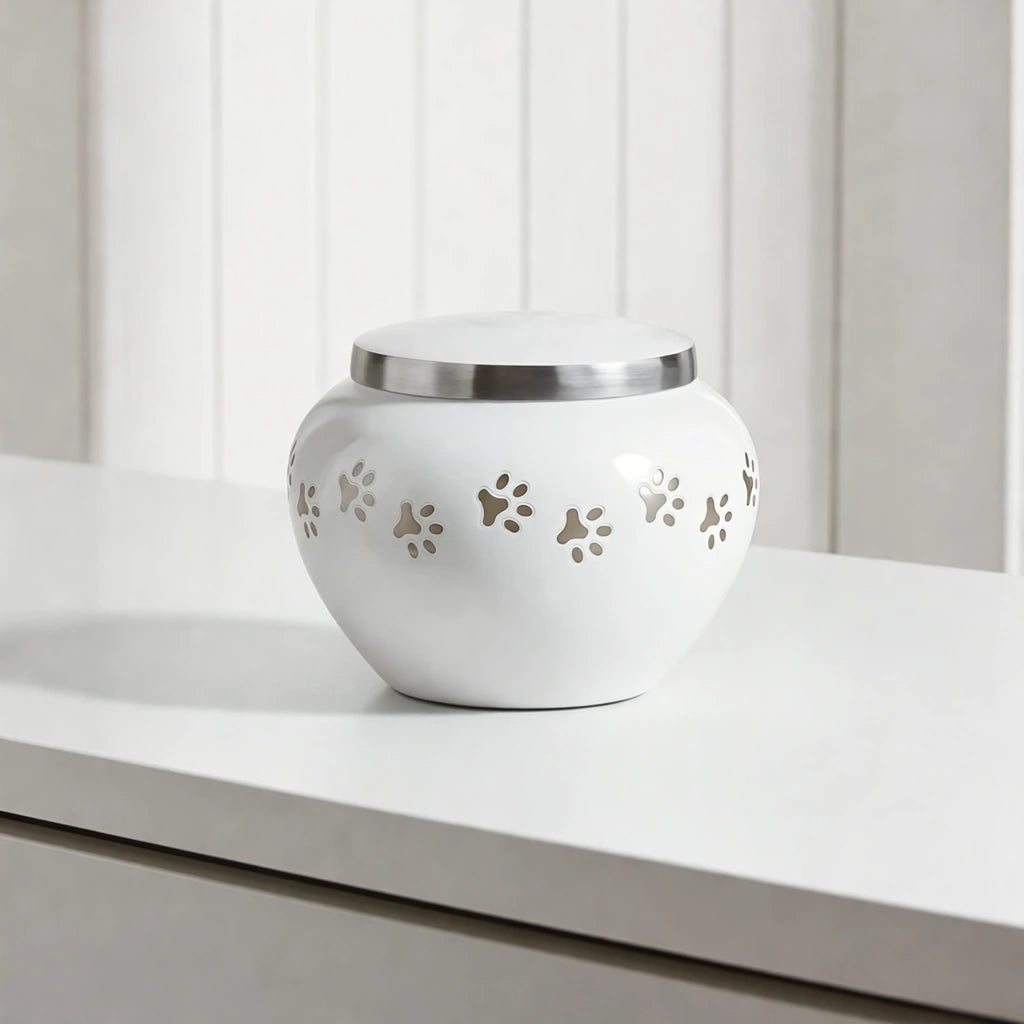 Classic Pawprints Pet Urn for Ashes in White & Silver - Medium