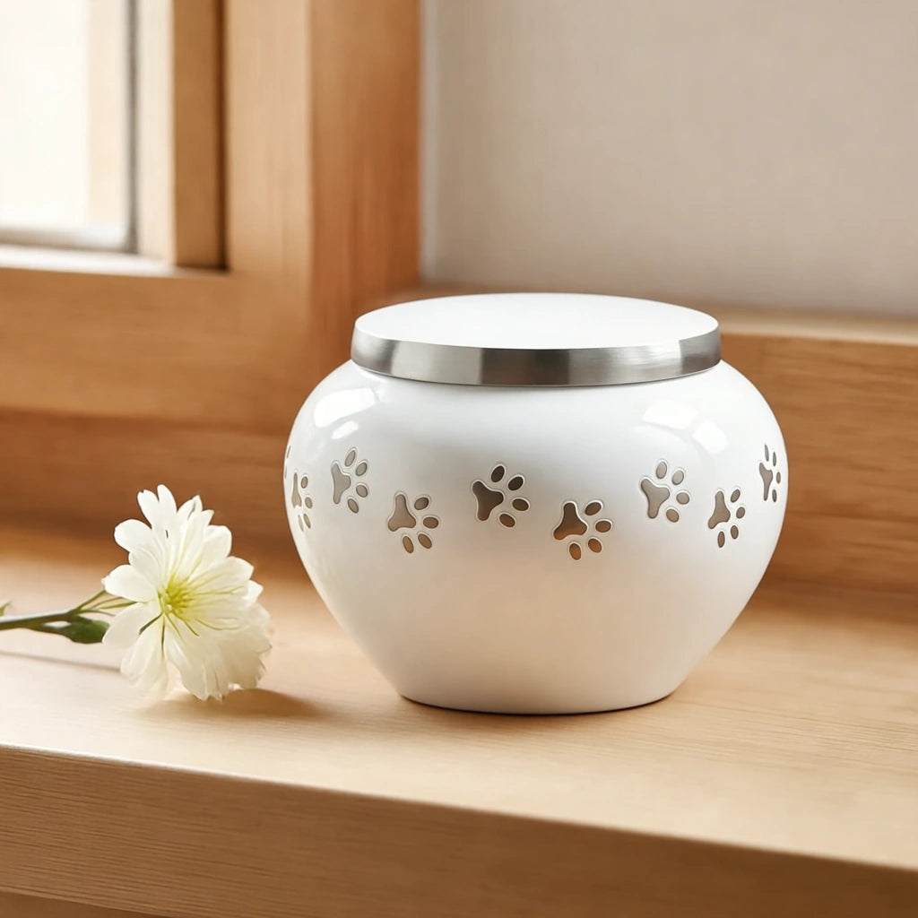 Classic Pawprints Pet Urn for Ashes in White & Silver - Medium
