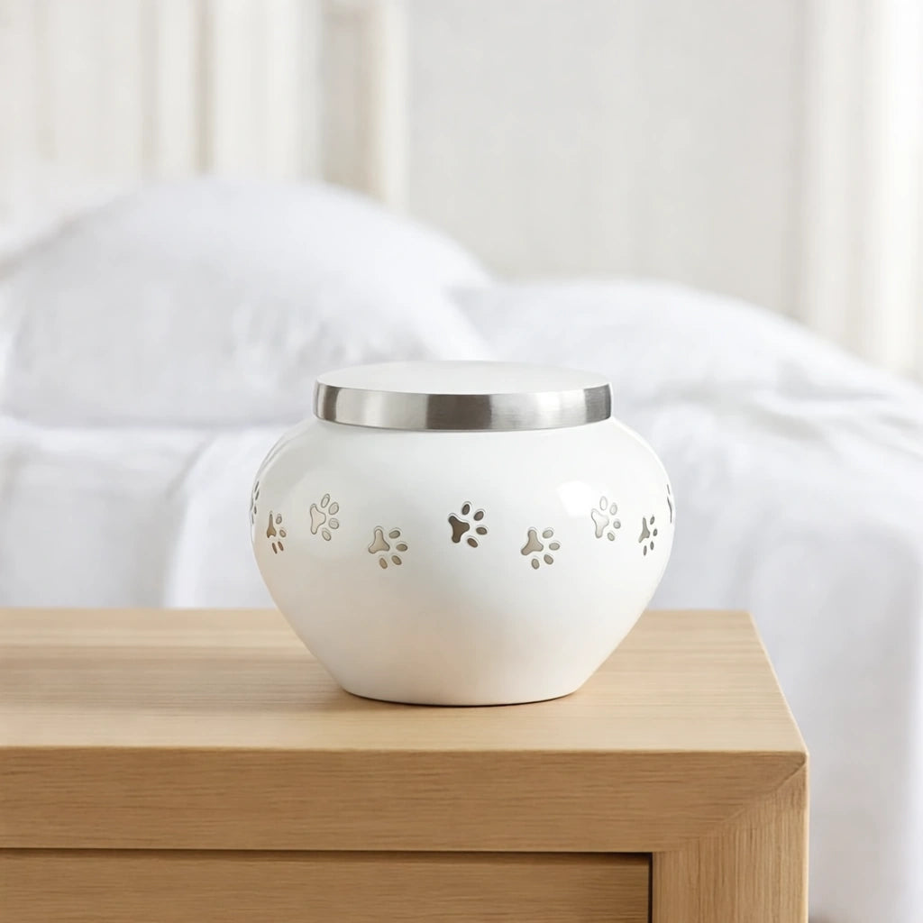 Classic Pawprints Pet Urn for Ashes in White & Silver - Small