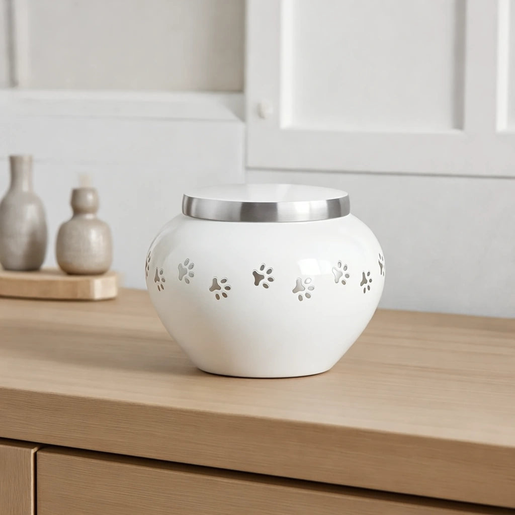 Classic Pawprints Pet Urn for Ashes in White & Silver - Small