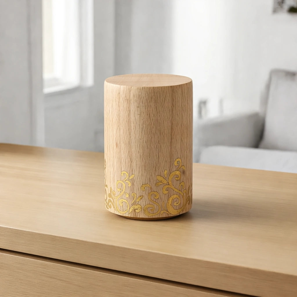 Cylinder Wooden Keepsake Urn for Ashes with Gold Detail