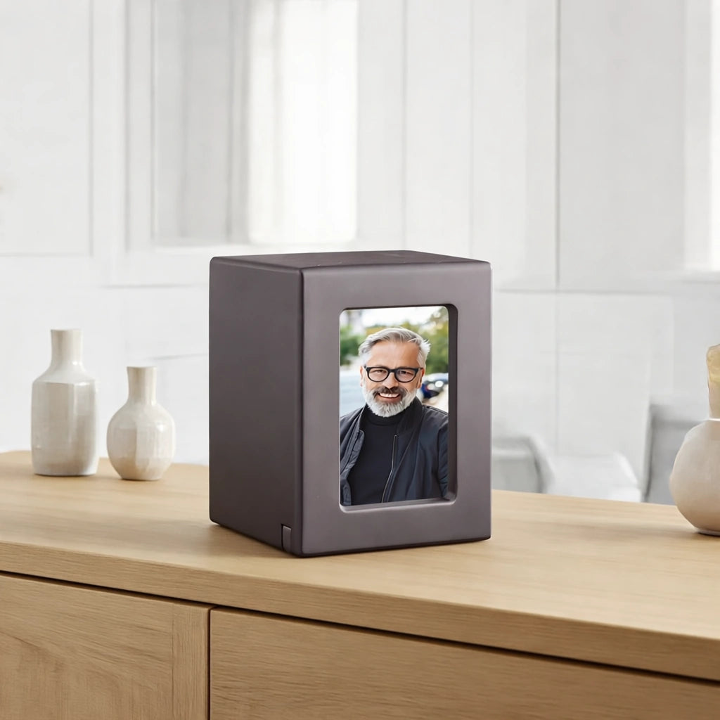 Dark Wood Effect MDF Photo Frame Small Urn for Ashes
