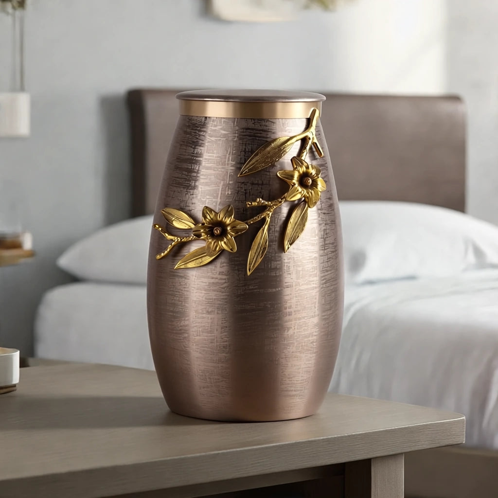 Eternal Bloom Metal Adult Cremation Urn for Ashes in Bronze and Gold