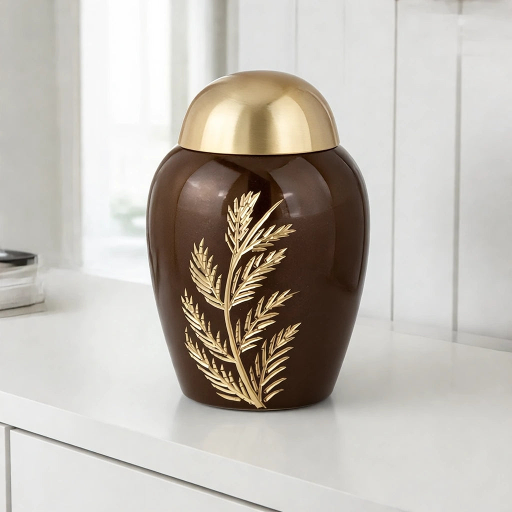 Fern Metal Keepsake Urn for Ashes in Brown and Gold