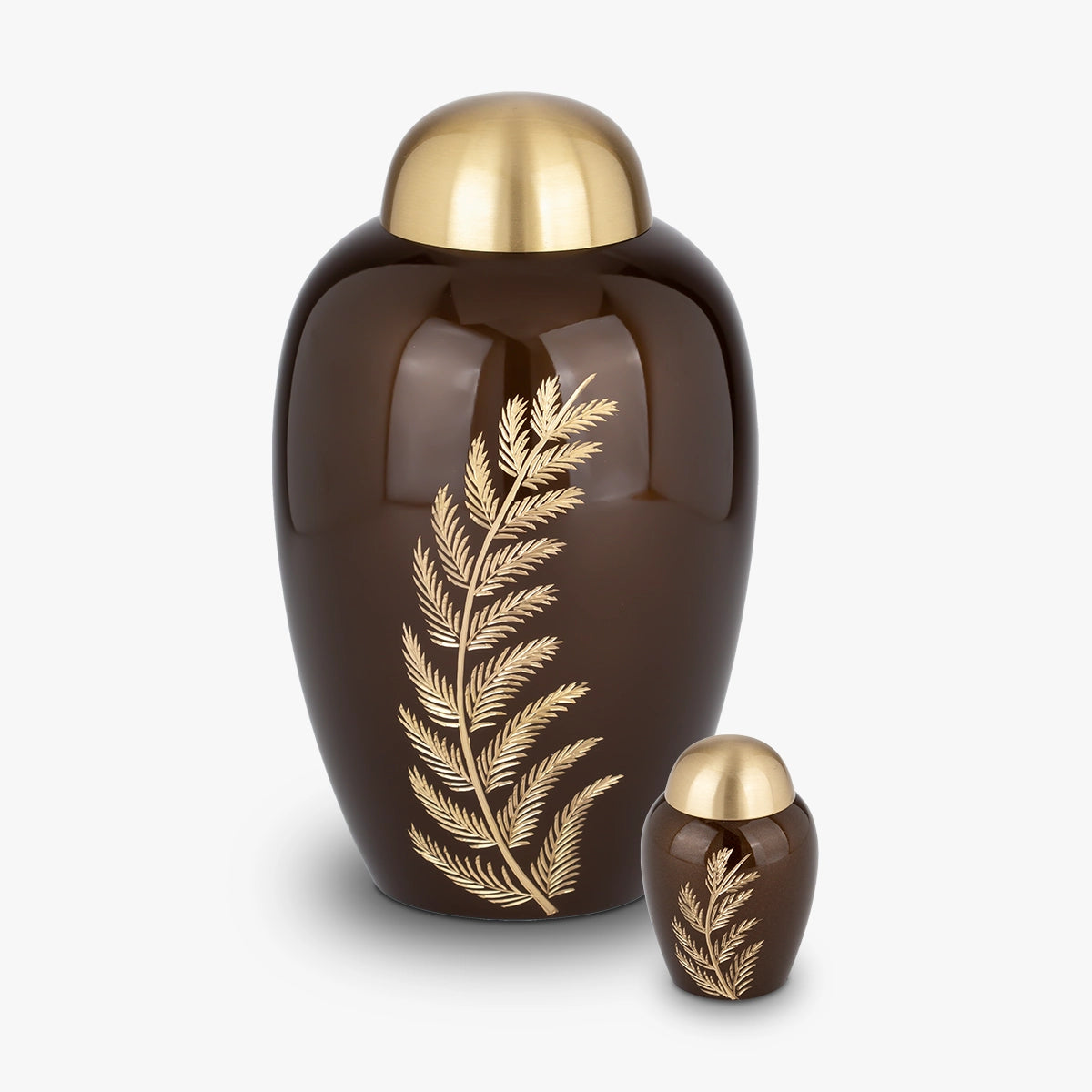 fern metal keepsake urn for ashes in brown and gold with adult urn