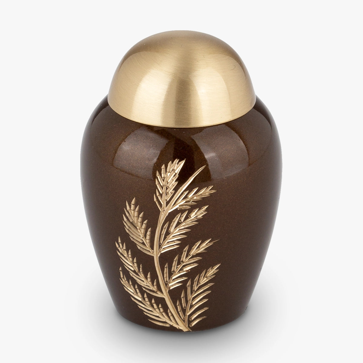 fern metal keepsake urn for ashes in brown and gold