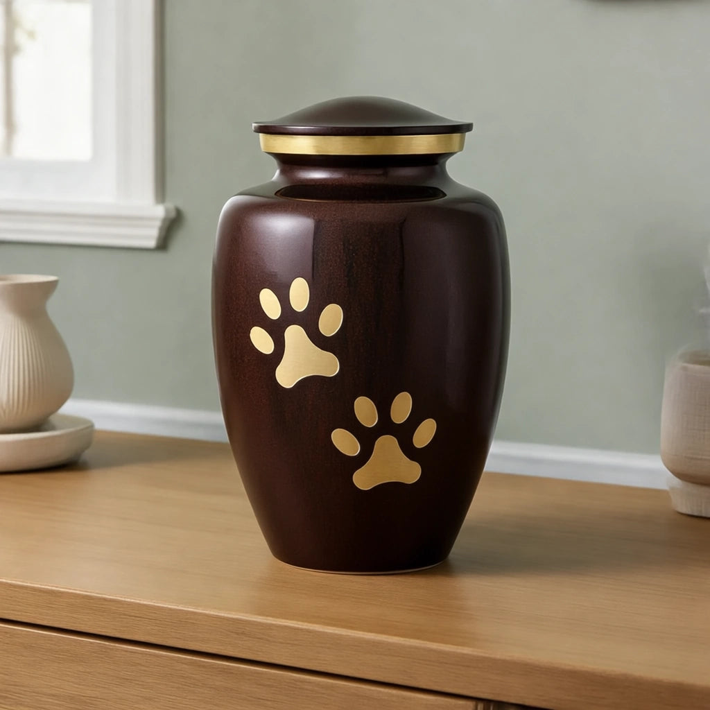 Golden Pawprints Pet Urn for Ashes in Dark Brown & Gold - Large