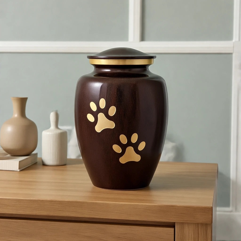 Golden Pawprints Pet Urn for Ashes in Dark Brown & Gold - Large
