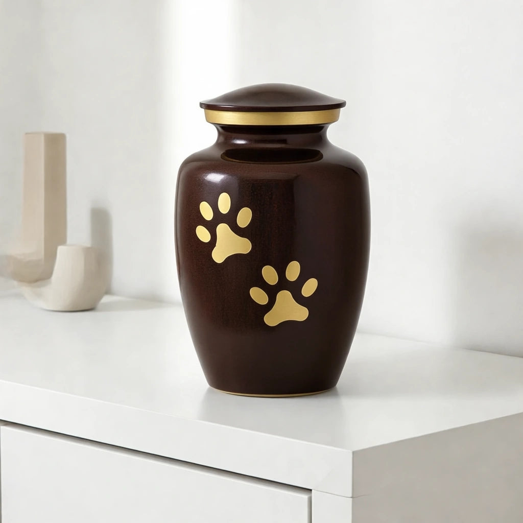 Golden Pawprints Pet Urn for Ashes in Dark Brown & Gold - Medium