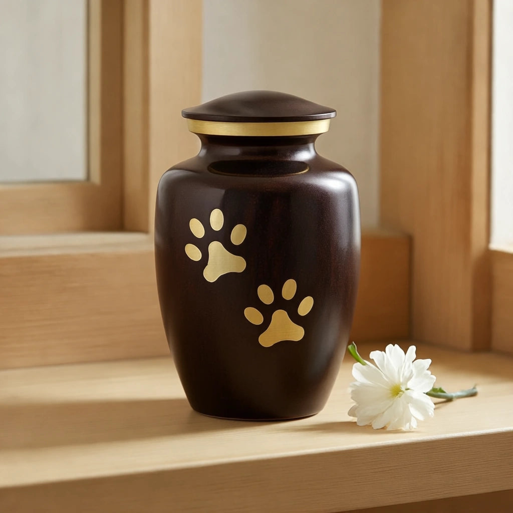 Golden Pawprints Pet Urn for Ashes in Dark Brown & Gold - Medium