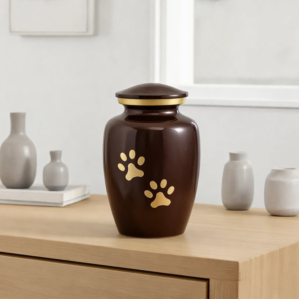 Golden Pawprints Pet Urn for Ashes in Dark Brown & Gold - Small