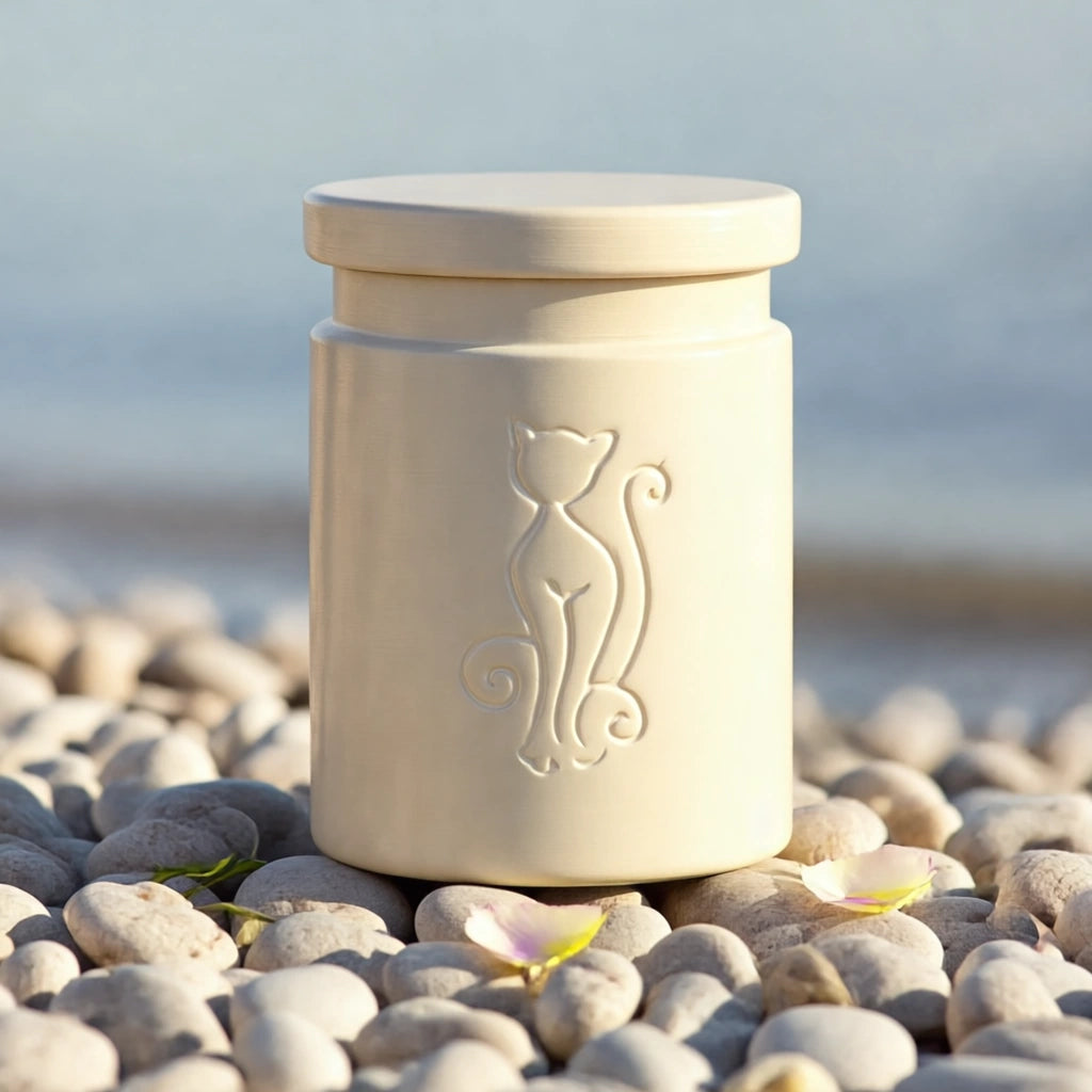 Graceful Cat Biodegradable Pet Urn for Ashes - White