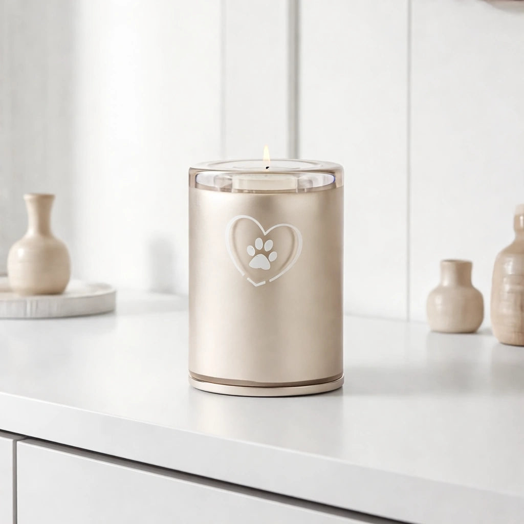 Heart & Pawprint Crystal Pet Candle Urn for Ashes in Cappuccino - Small