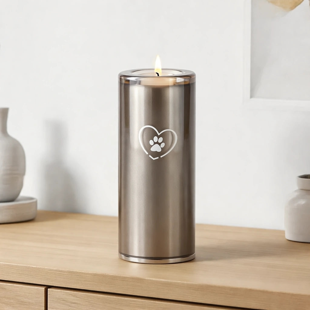 Heart & Pawprint Crystal Pet Candle Urn for Ashes in Graphite - Medium