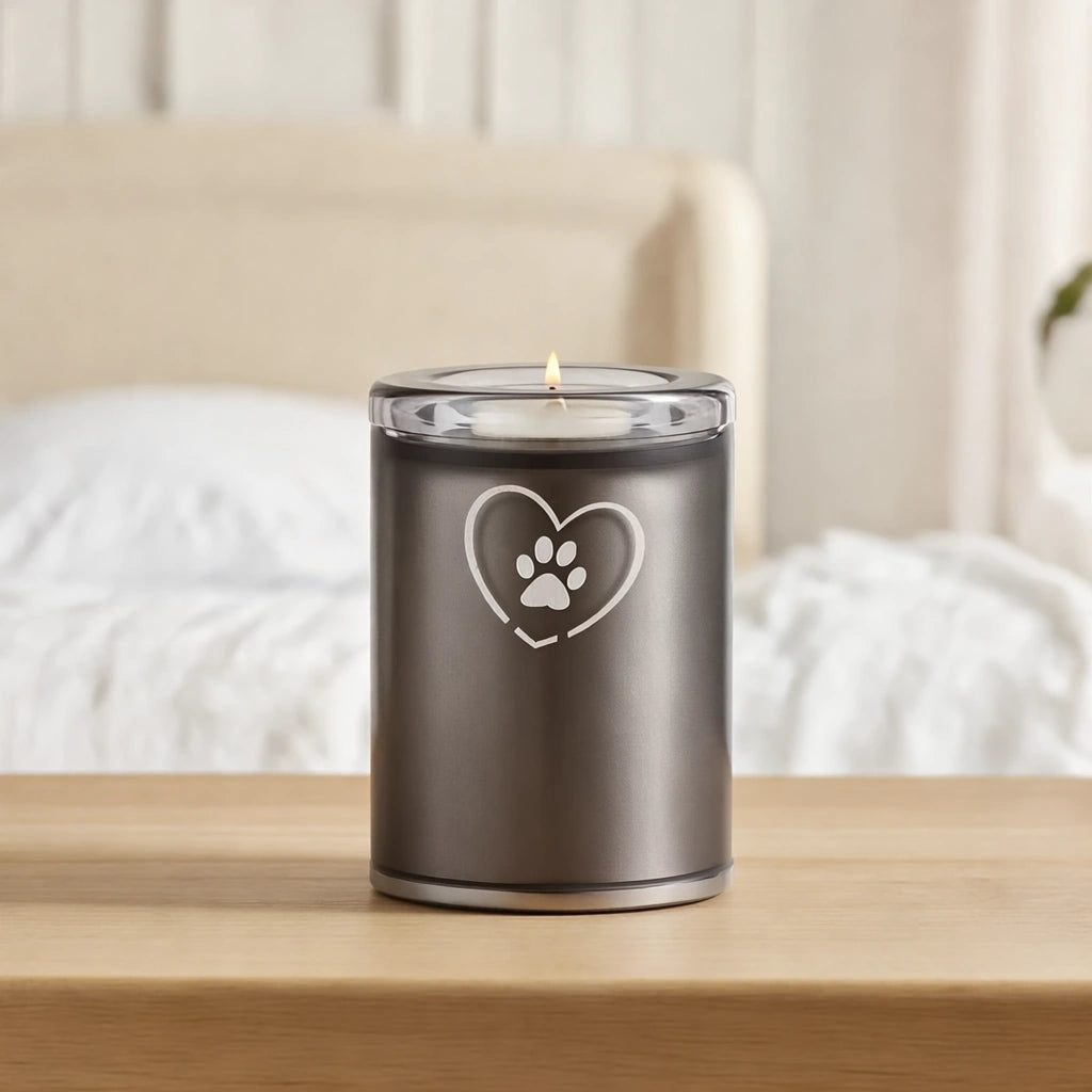 Heart & Pawprint Crystal Pet Candle Urn for Ashes in Graphite - Small
