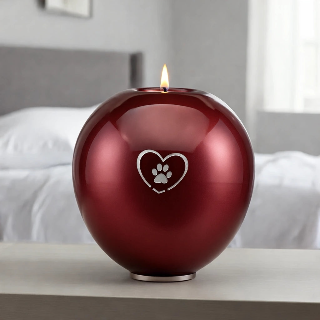 Heart & Pawprint Crystal Pet Candle Urn for Ashes in Ruby - Large