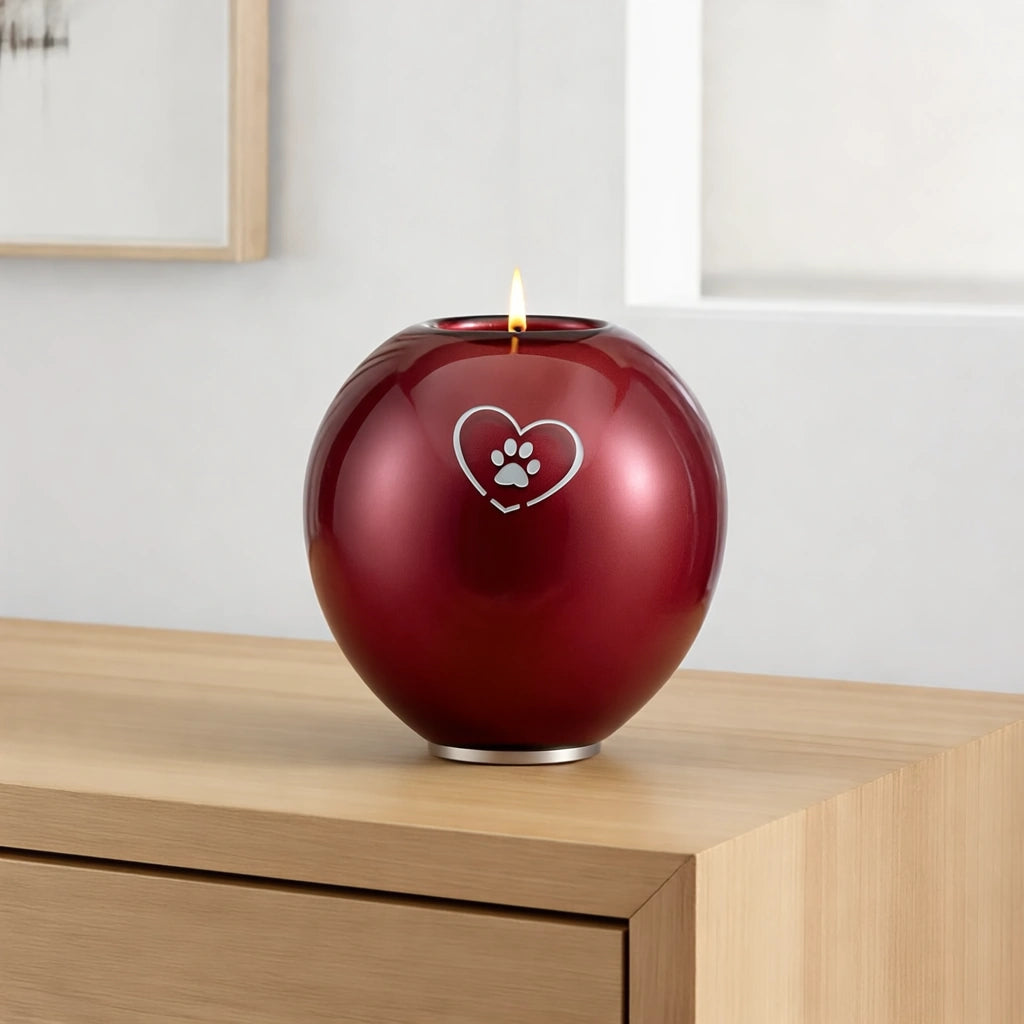 Heart & Pawprint Crystal Pet Candle Urn for Ashes in Ruby - Medium