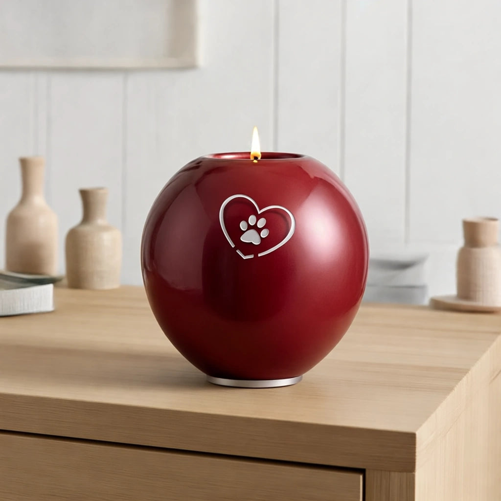 Heart & Pawprint Crystal Pet Candle Urn for Ashes in Ruby - Medium