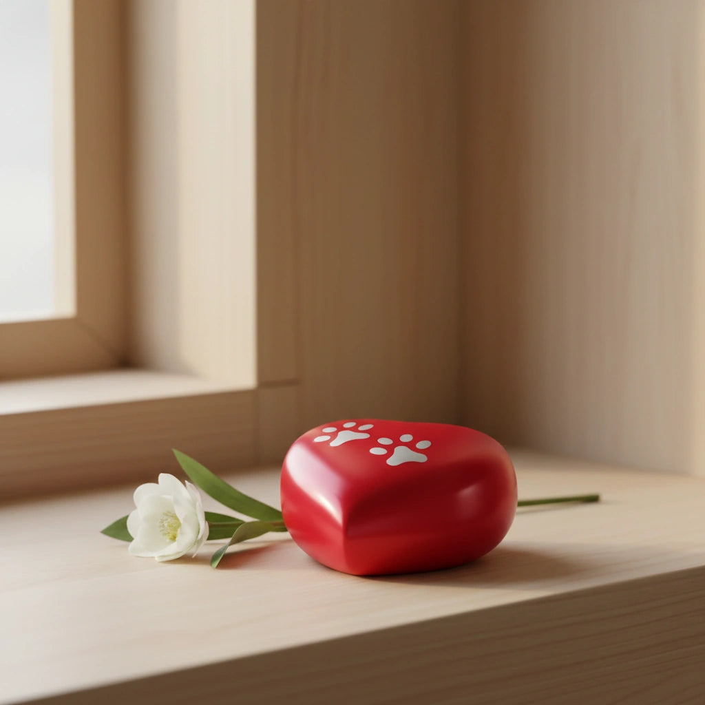 Heart Pawprints Pet Urn for Ashes in Red & Gold