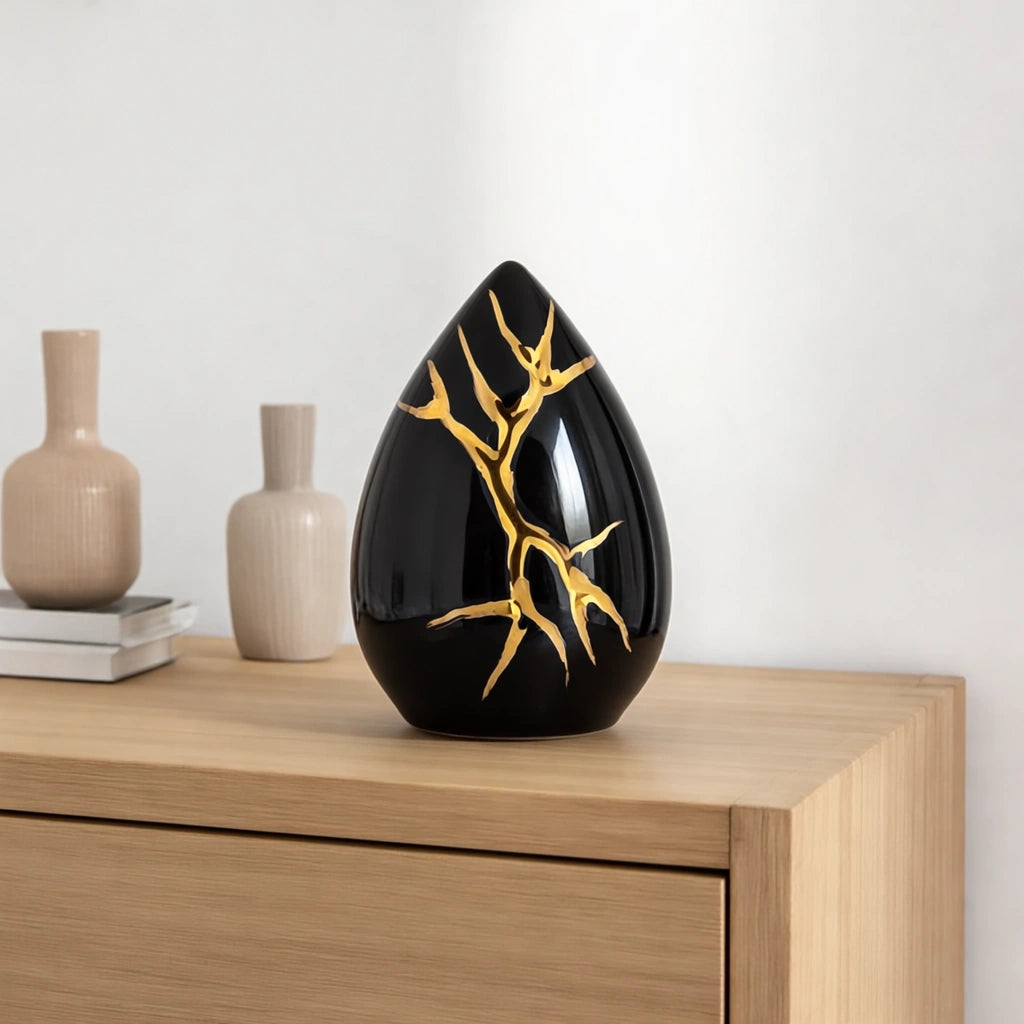 Kintsugi Black Keepsake Urn for Ashes with Gold Detailing