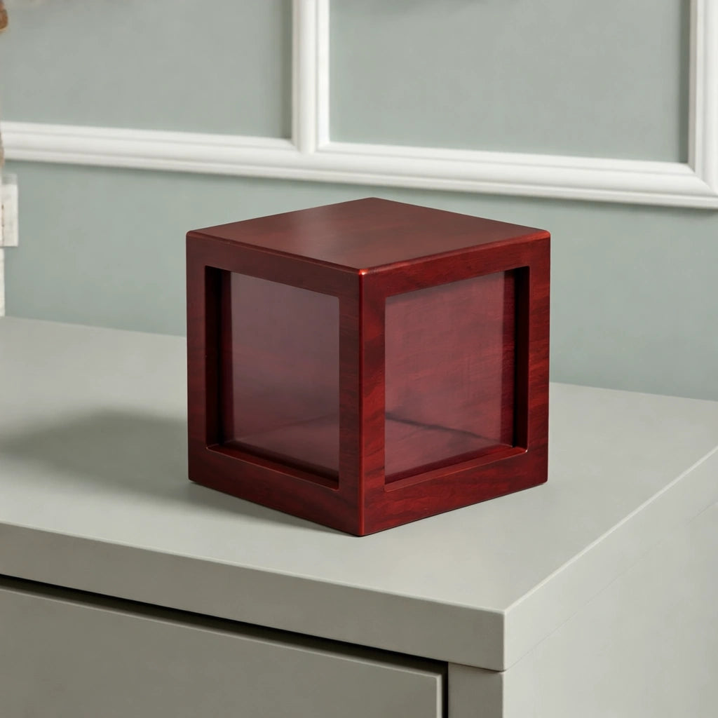 Mahogany Effect MDF Photo Cube Cremation Urn for Ashes - Large