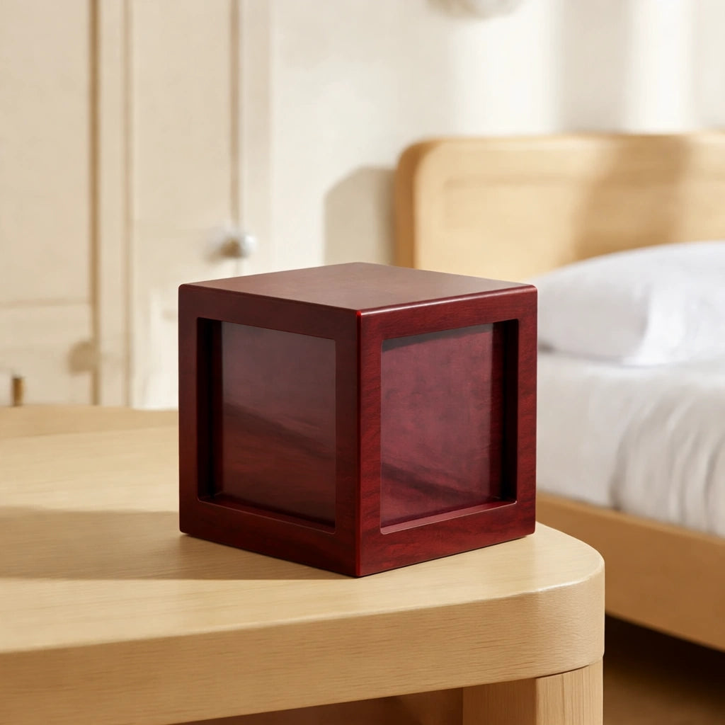 Mahogany Effect MDF Photo Cube Cremation Urn for Ashes - Large