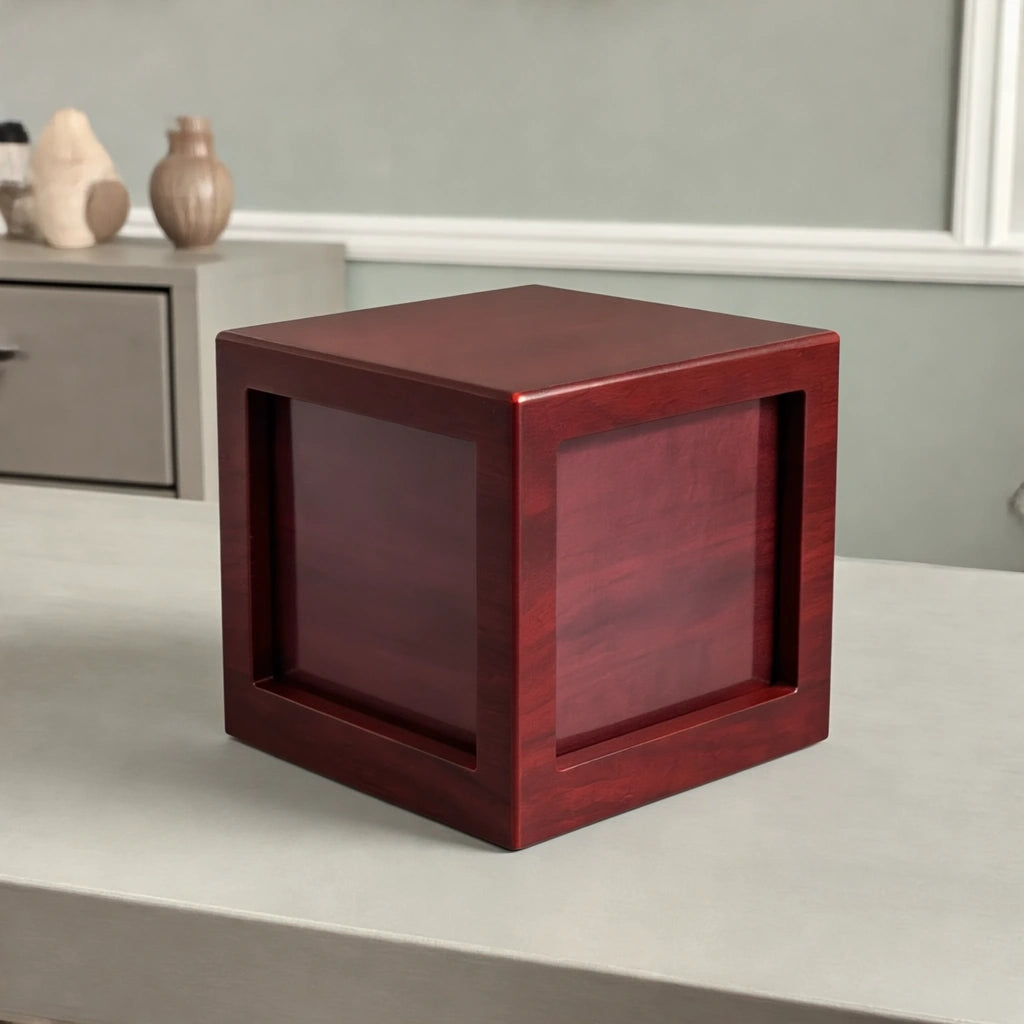 Mahogany Effect MDF Photo Cube Cremation Urn for Ashes - Large