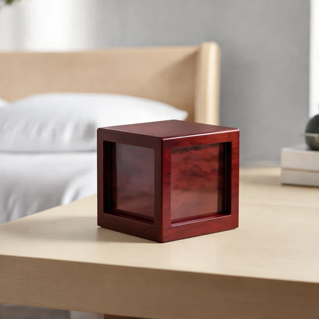 Mahogany Effect MDF Photo Cube Urn for Ashes - Medium