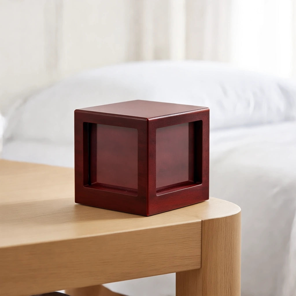 Mahogany Effect MDF Photo Cube Urn for Ashes - Small
